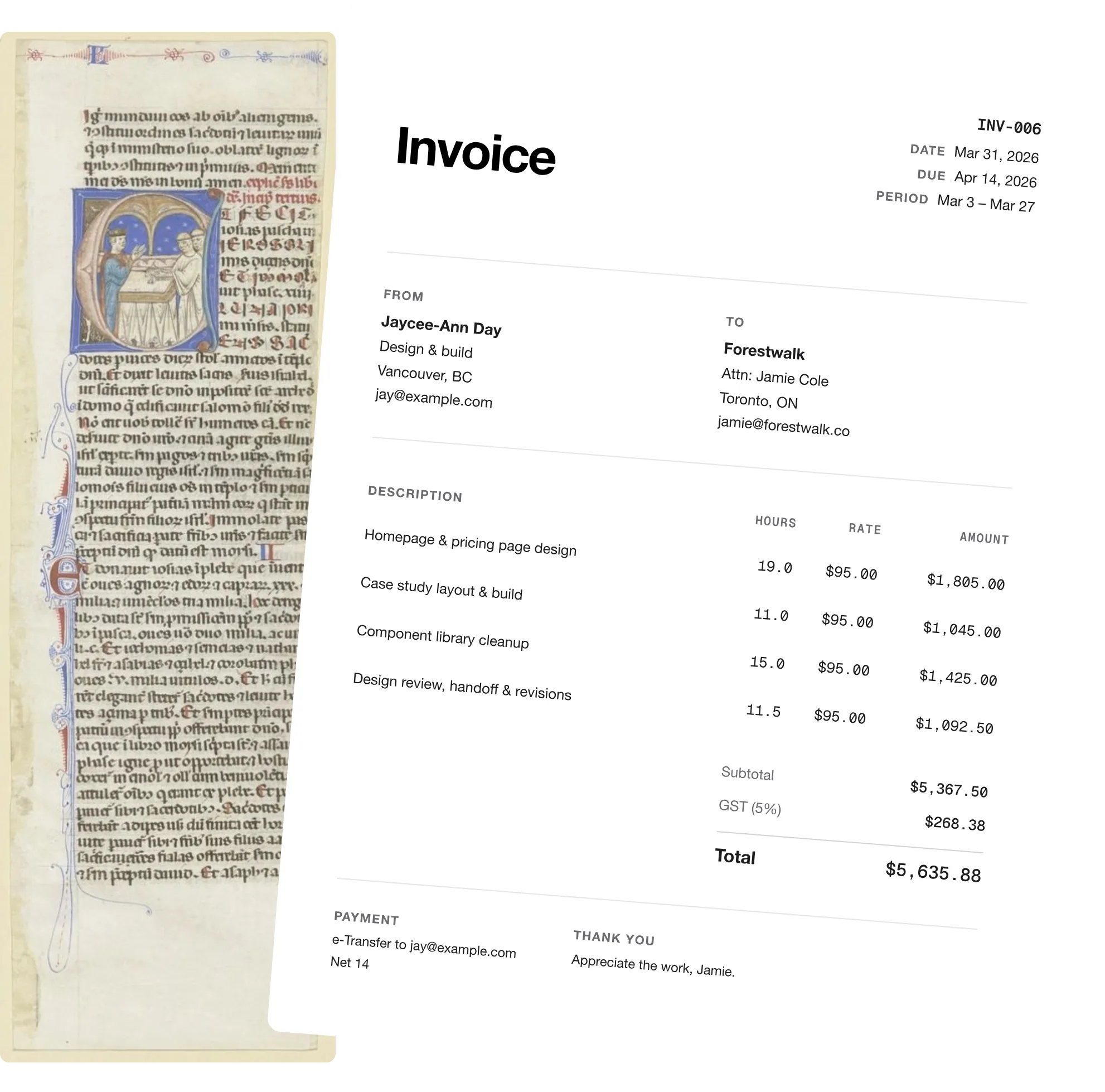 Invoice INV-006, clean and modern, tilted over the illuminated manuscript page it leaves behind: four billed lines, GST, $5,635.88 total, e-Transfer, Net 14